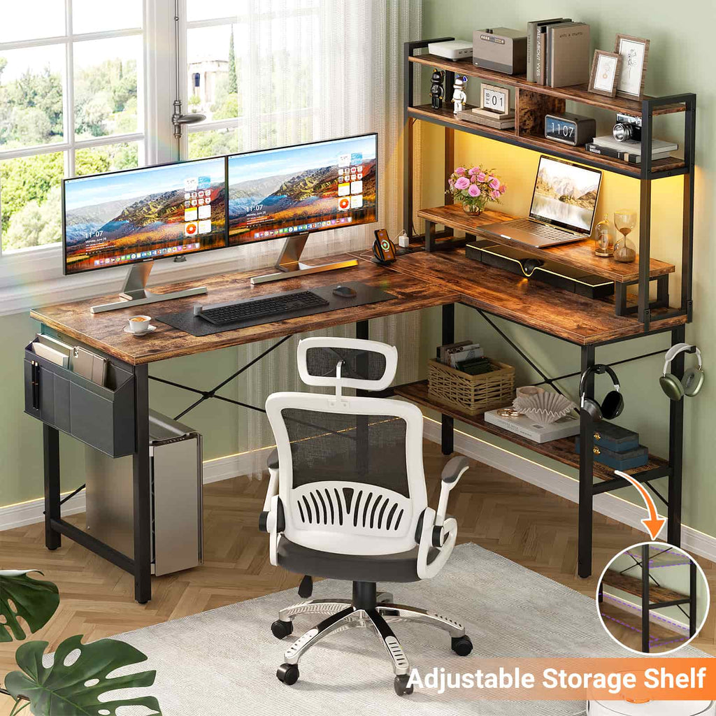 49'' Reversible Computer Gaming Desk with Hutch and Charging Station