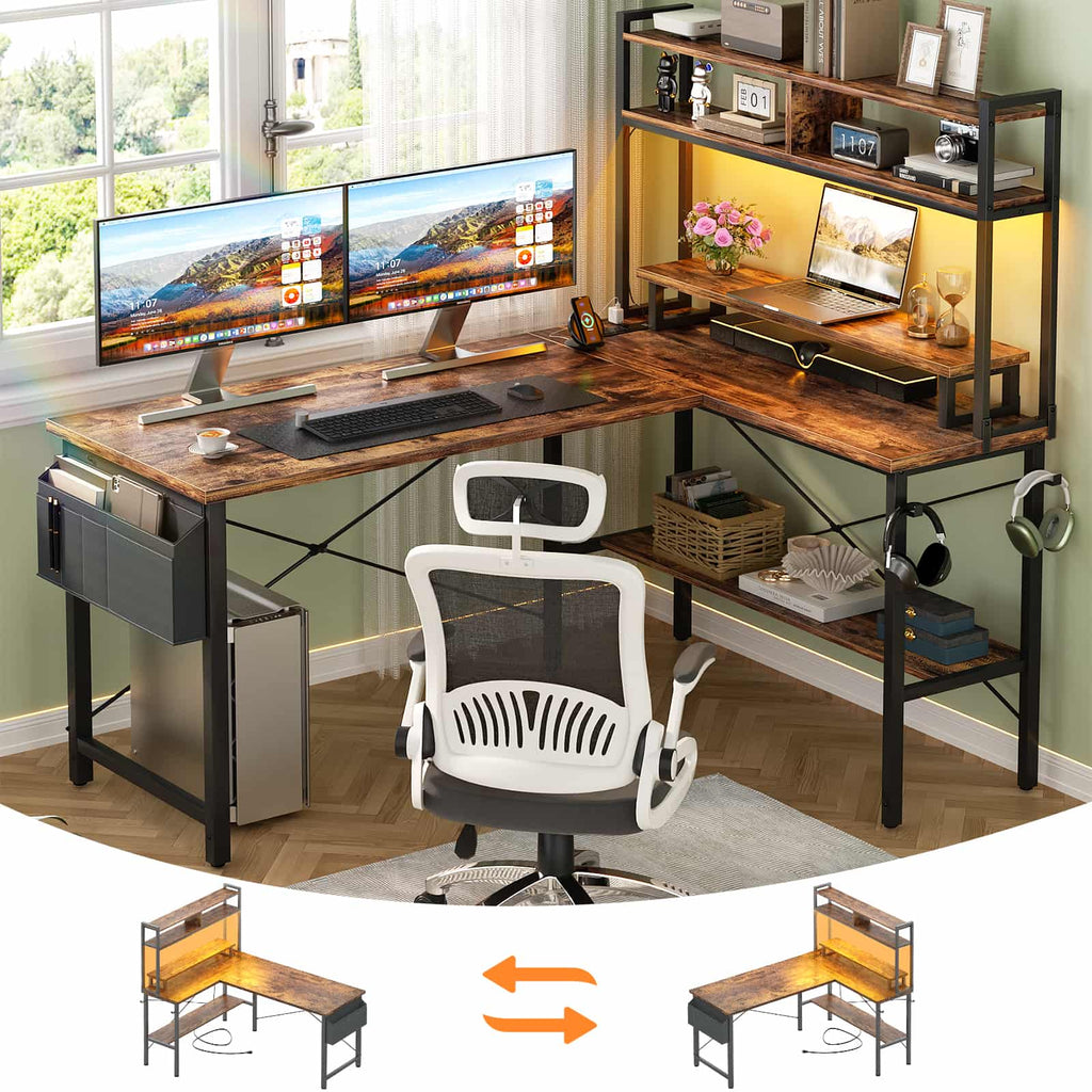 49'' Reversible Computer Gaming Desk with Hutch and Charging Station