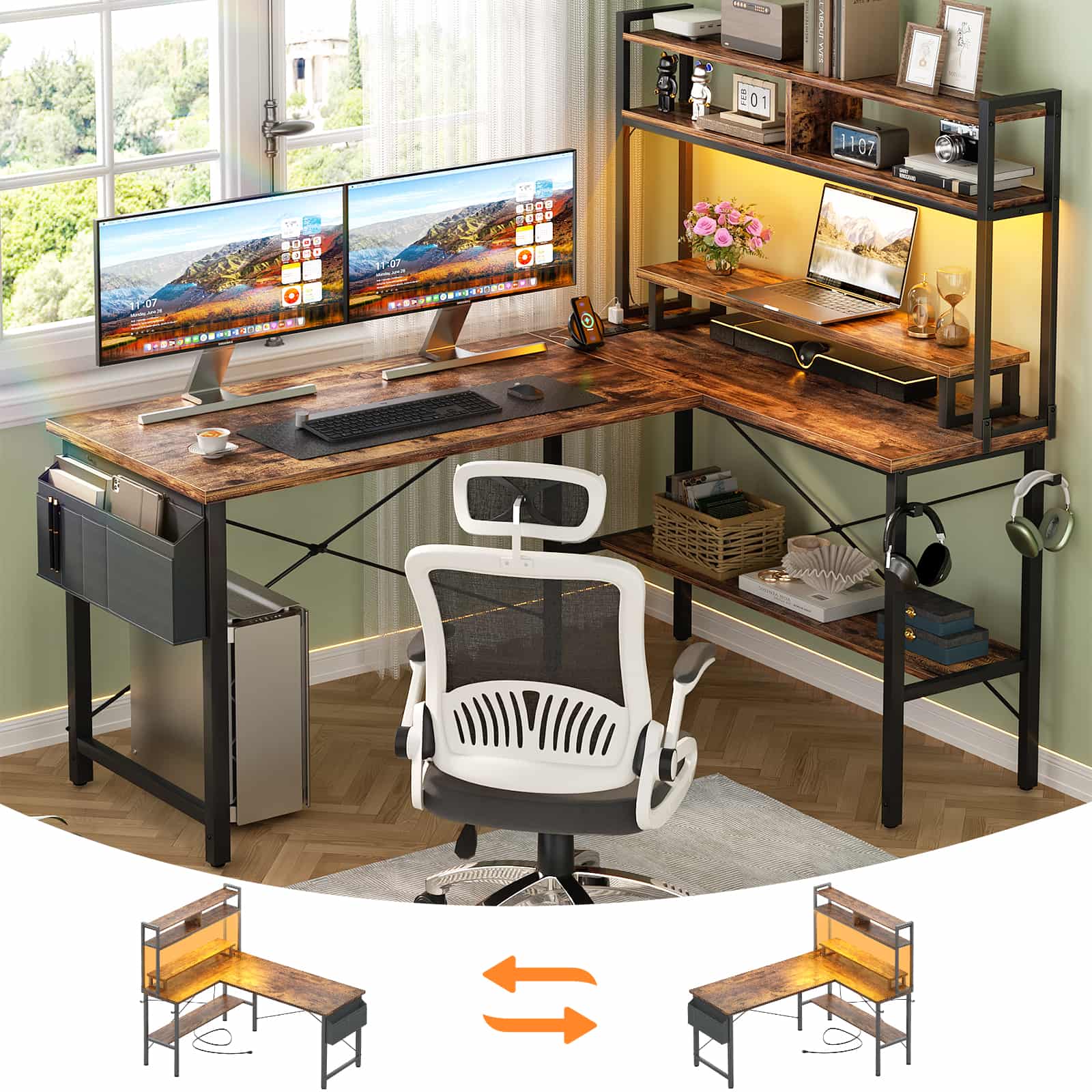 49'' Reversible Computer Gaming Desk with Hutch and Charging Station