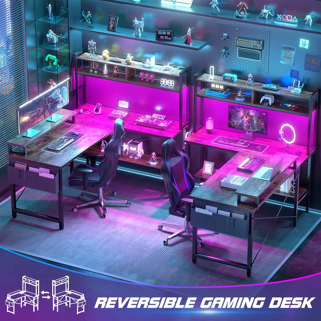49'' Reversible Computer Gaming Desk with Hutch and Charging Station