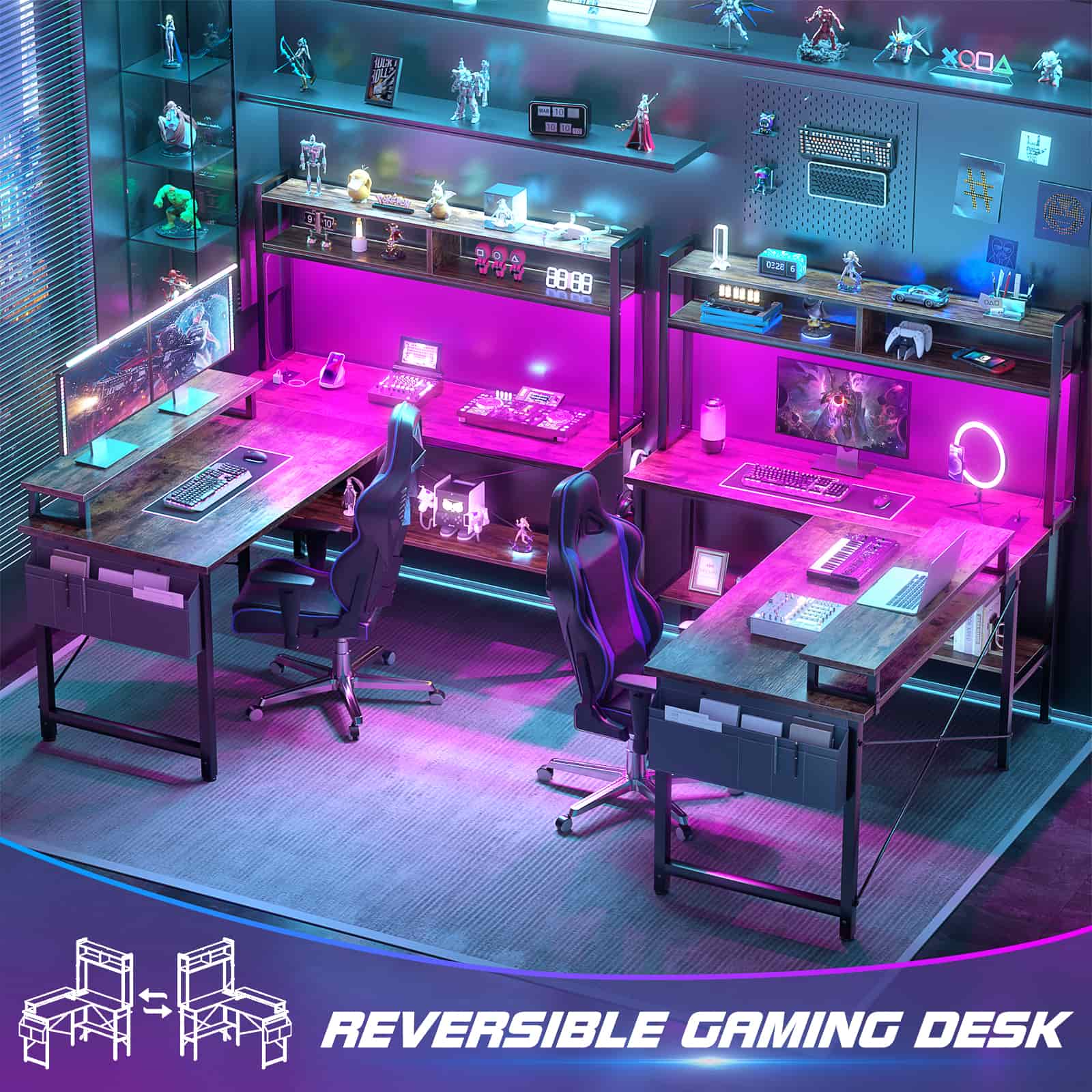 49'' Reversible Computer Gaming Desk with Hutch and Charging Station
