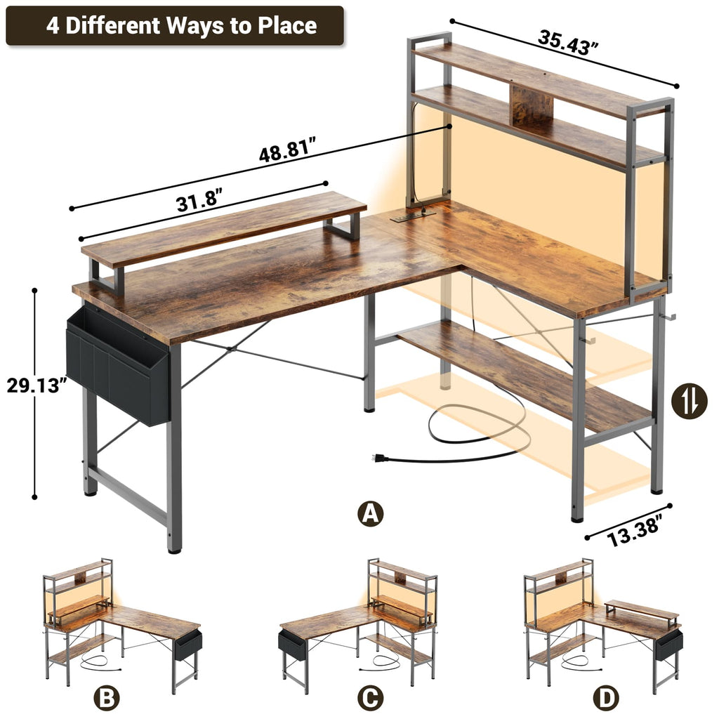 49'' Reversible Computer Gaming Desk with Hutch and Charging Station