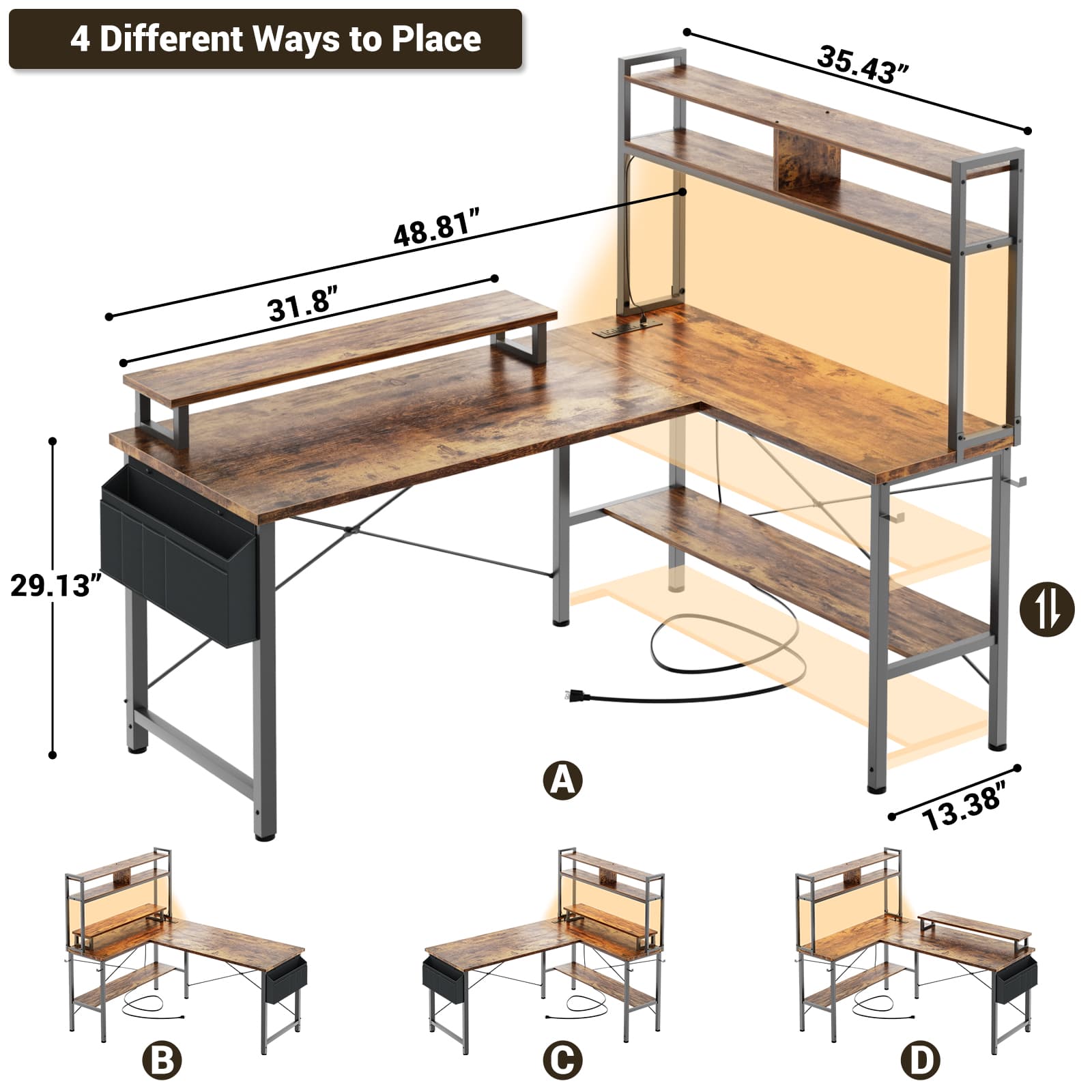 49'' Reversible Computer Gaming Desk with Hutch and Charging Station