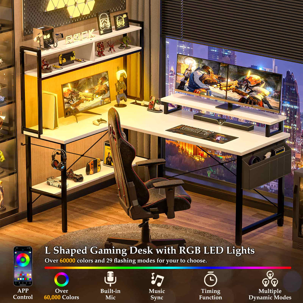 49'' Reversible Computer Gaming Desk with Hutch and Charging Station