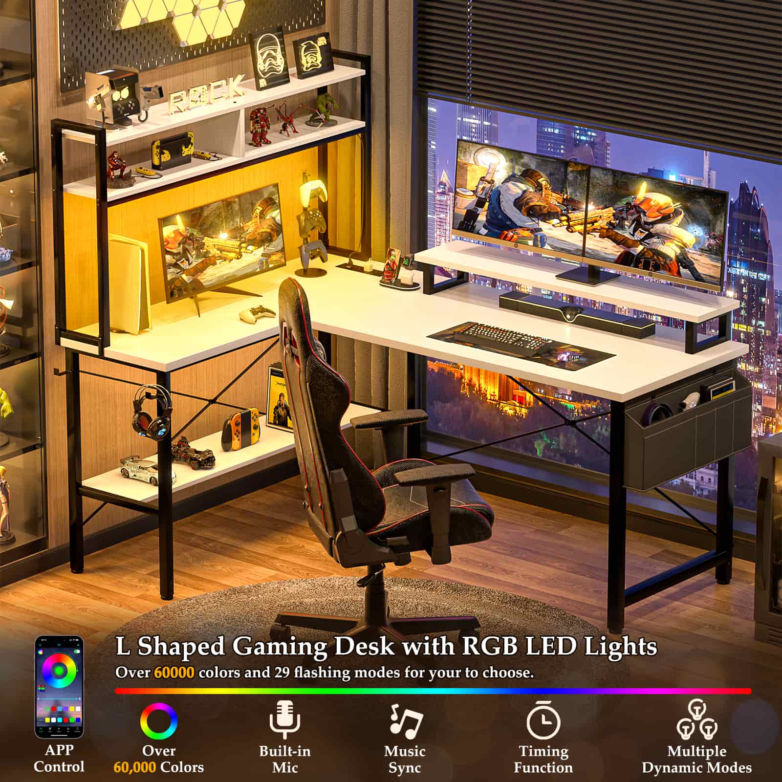 49'' Reversible Computer Gaming Desk with Hutch and Charging Station