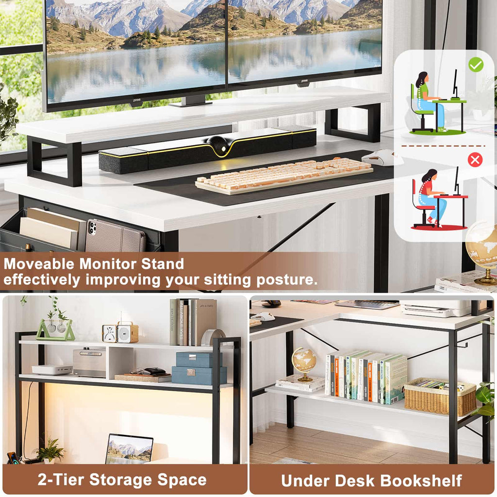 49'' Reversible Computer Gaming Desk with Hutch and Charging Station