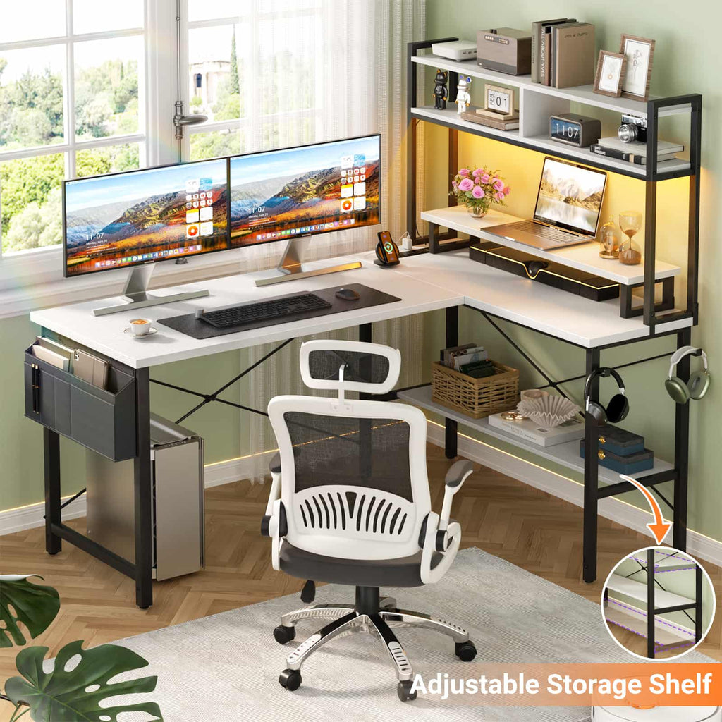 49'' Reversible Computer Gaming Desk with Hutch and Charging Station