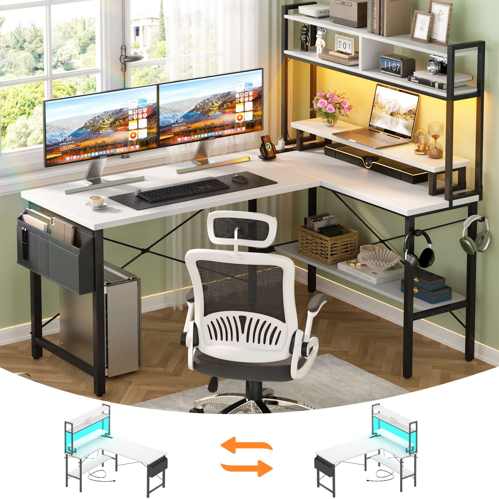 49'' Reversible Computer Gaming Desk with Hutch and Charging Station