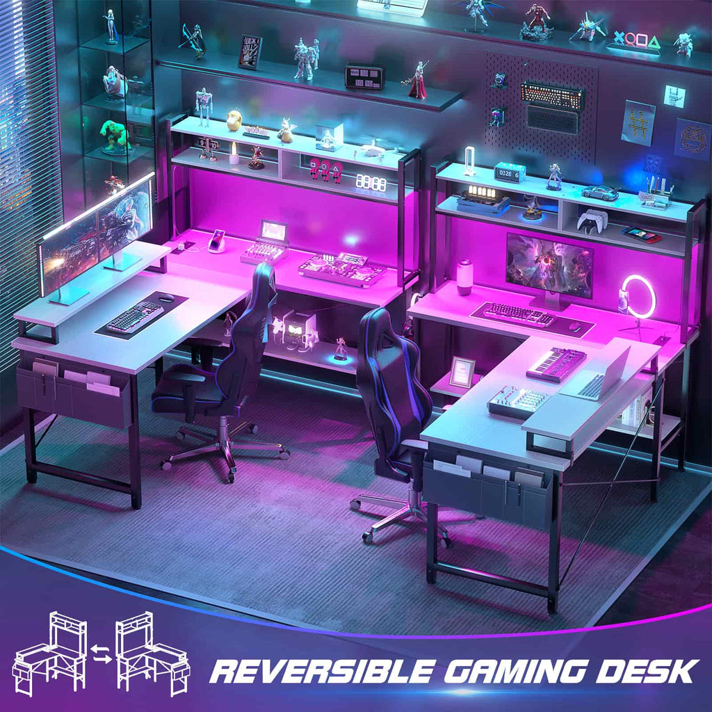 49'' Reversible Computer Gaming Desk with Hutch and Charging Station