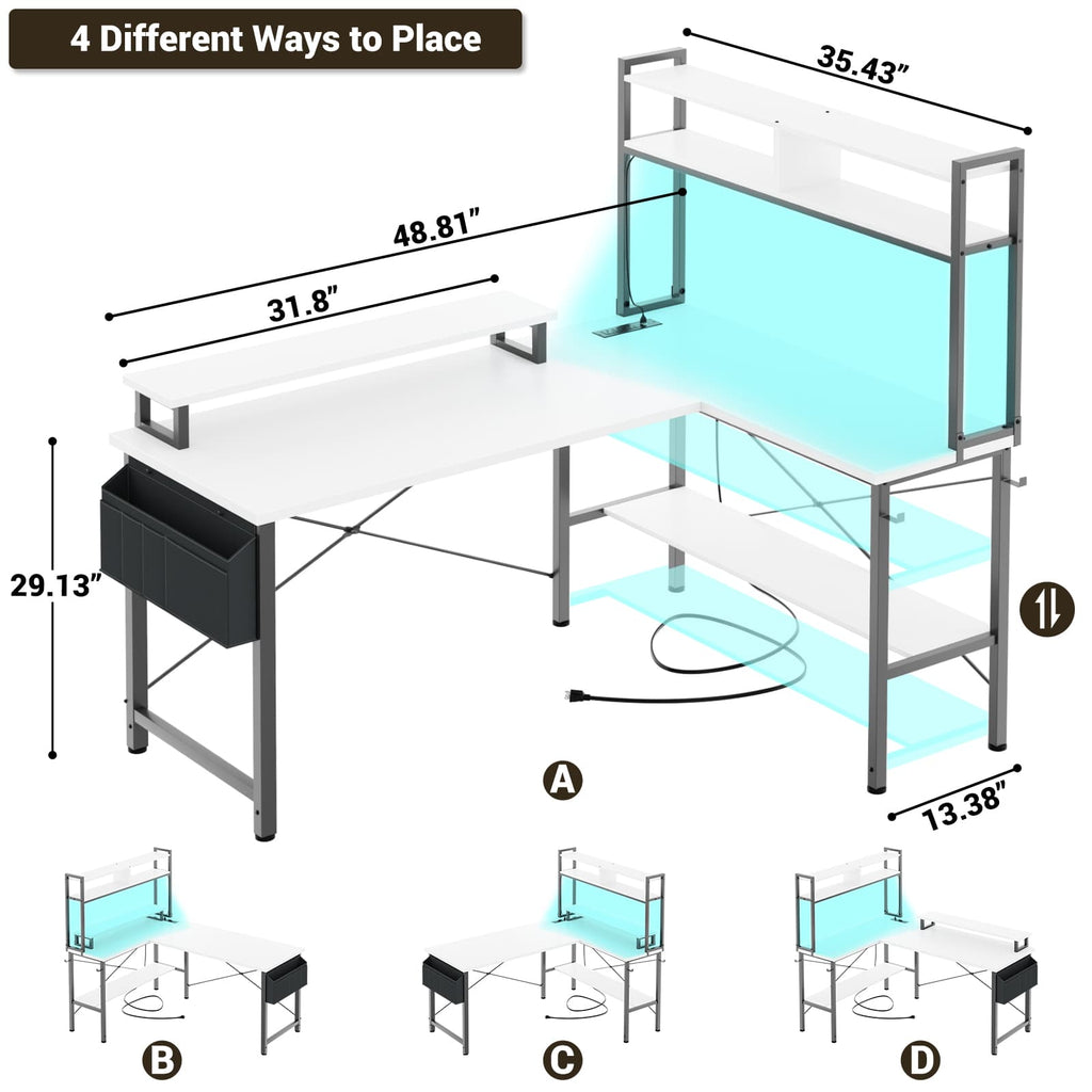 49'' Reversible Computer Gaming Desk with Hutch and Charging Station