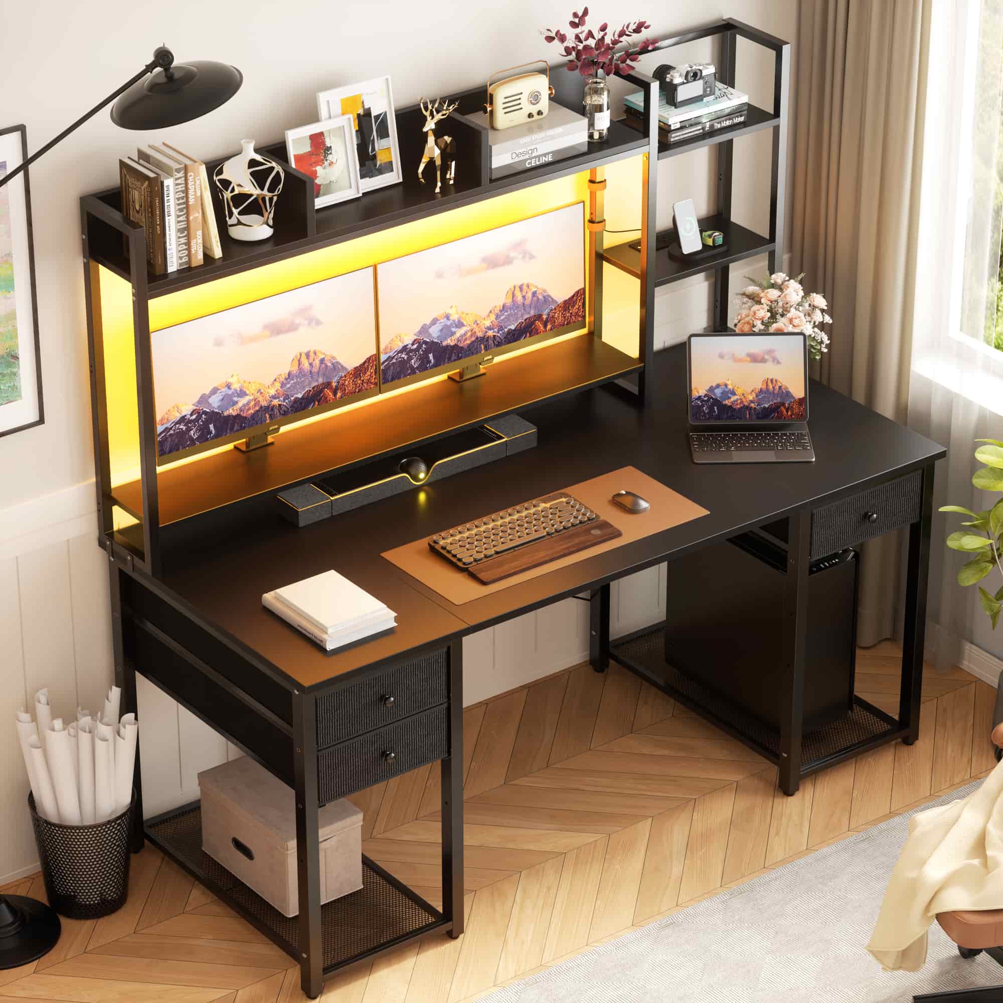 55'' Computer Gaming Desk with Hutch and Power Outlets