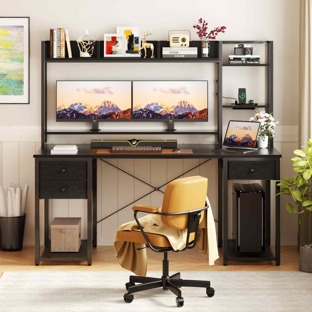 55'' Computer Gaming Desk with Hutch and Power Outlets