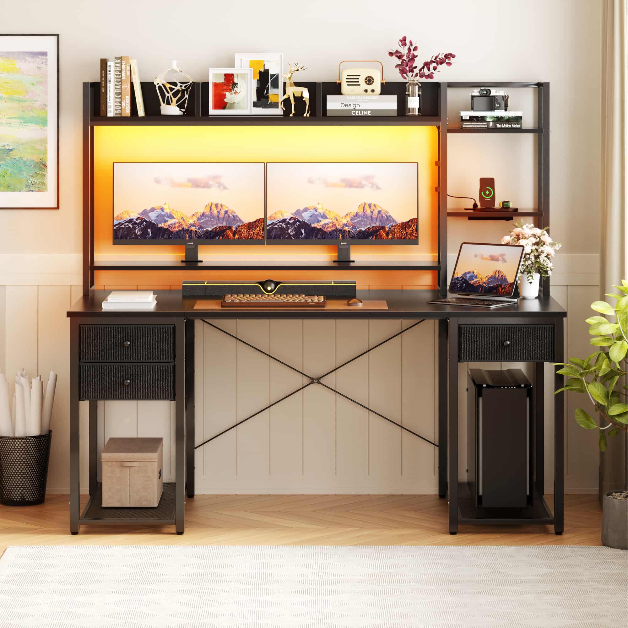 55'' Computer Gaming Desk with Hutch and Power Outlets