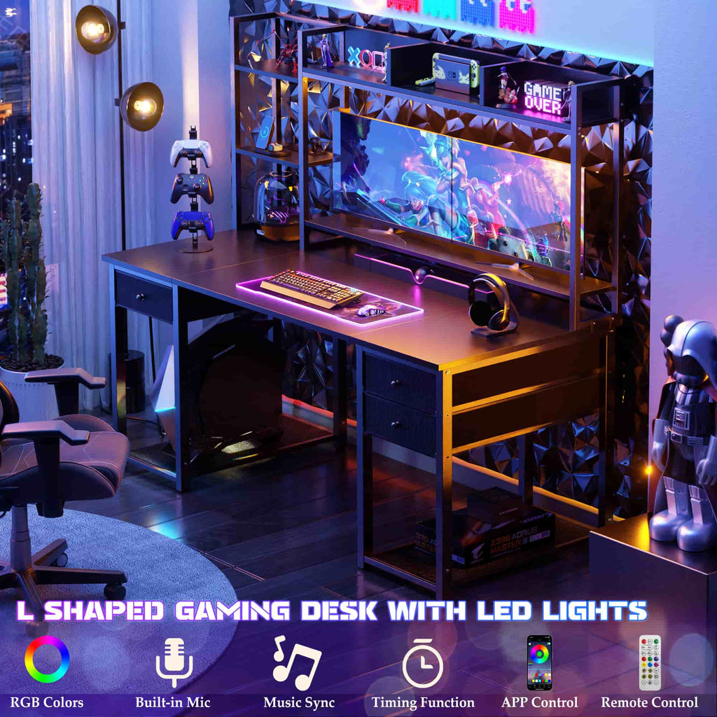 55'' Computer Gaming Desk with Hutch and Power Outlets