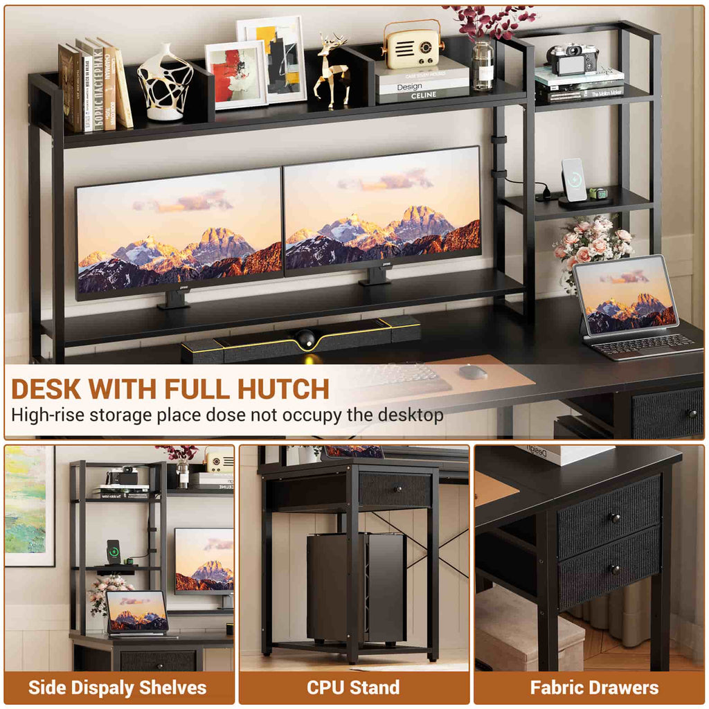 55'' Computer Gaming Desk with Hutch and Power Outlets