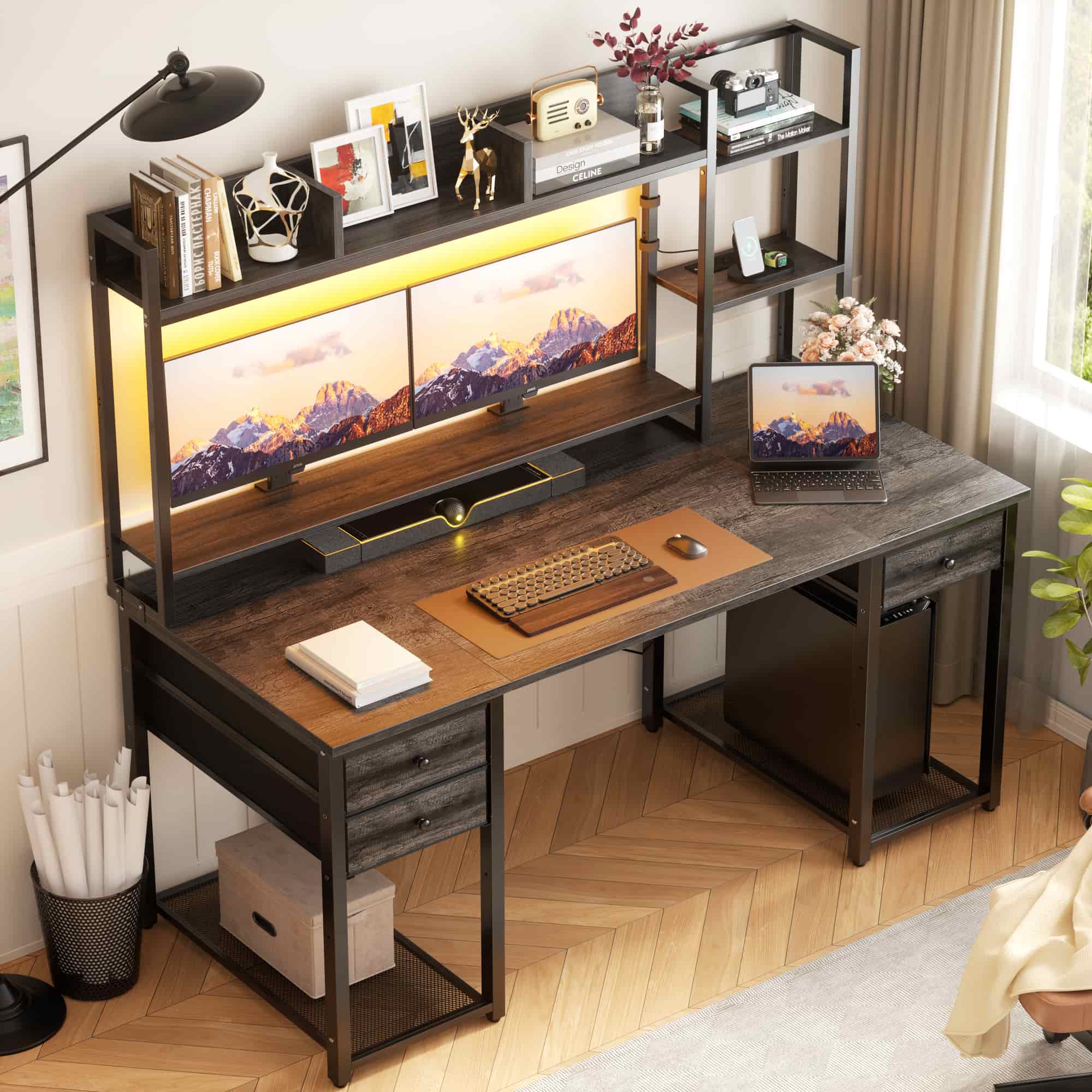 55'' Computer Gaming Desk with Hutch and Power Outlets