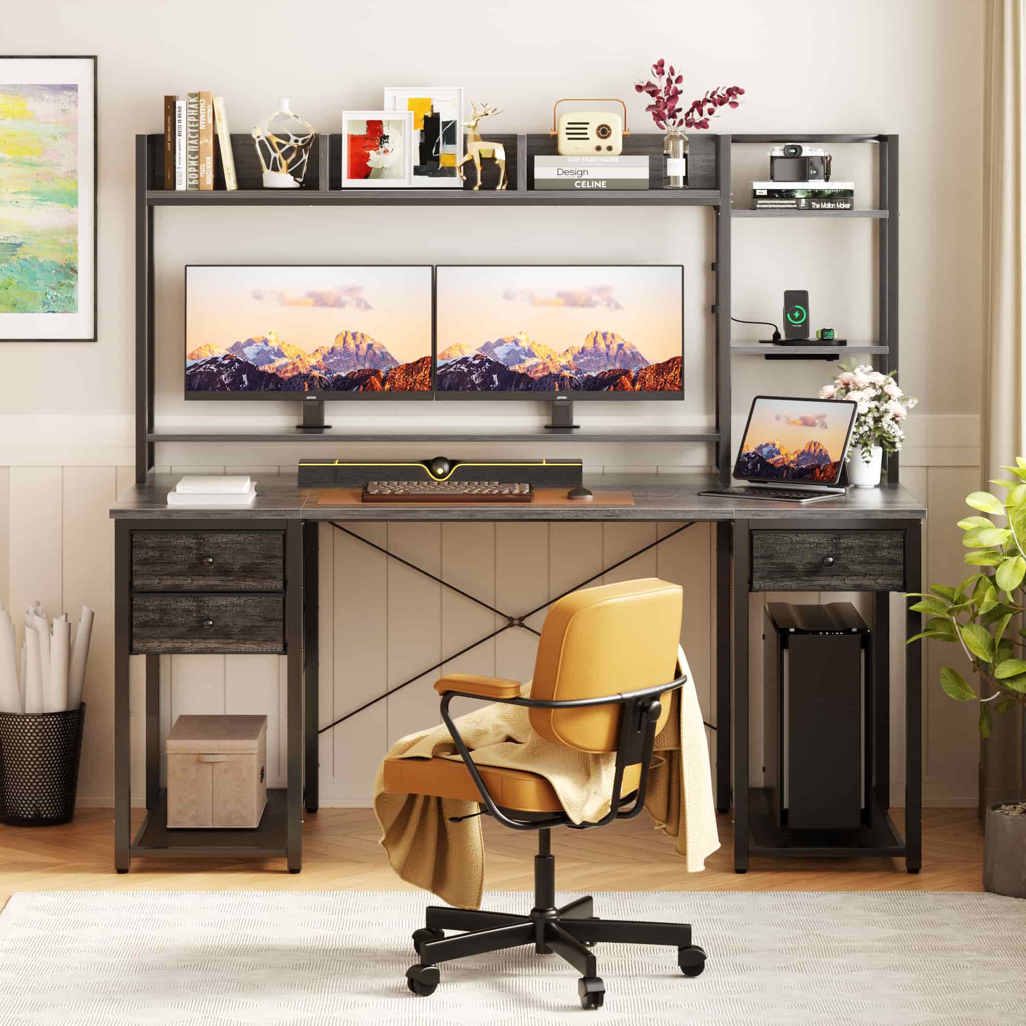 55'' Computer Gaming Desk with Hutch and Power Outlets