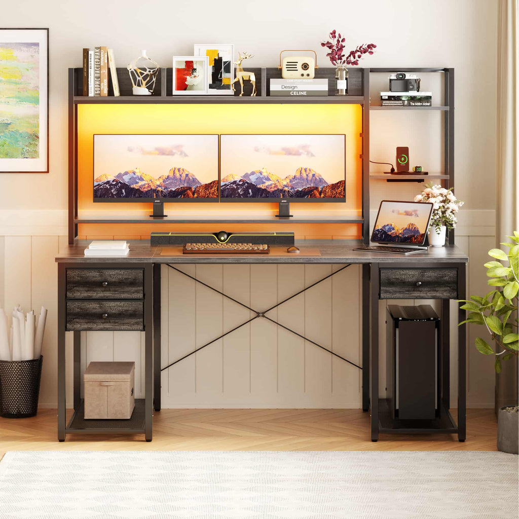 55'' Computer Gaming Desk with Hutch and Power Outlets