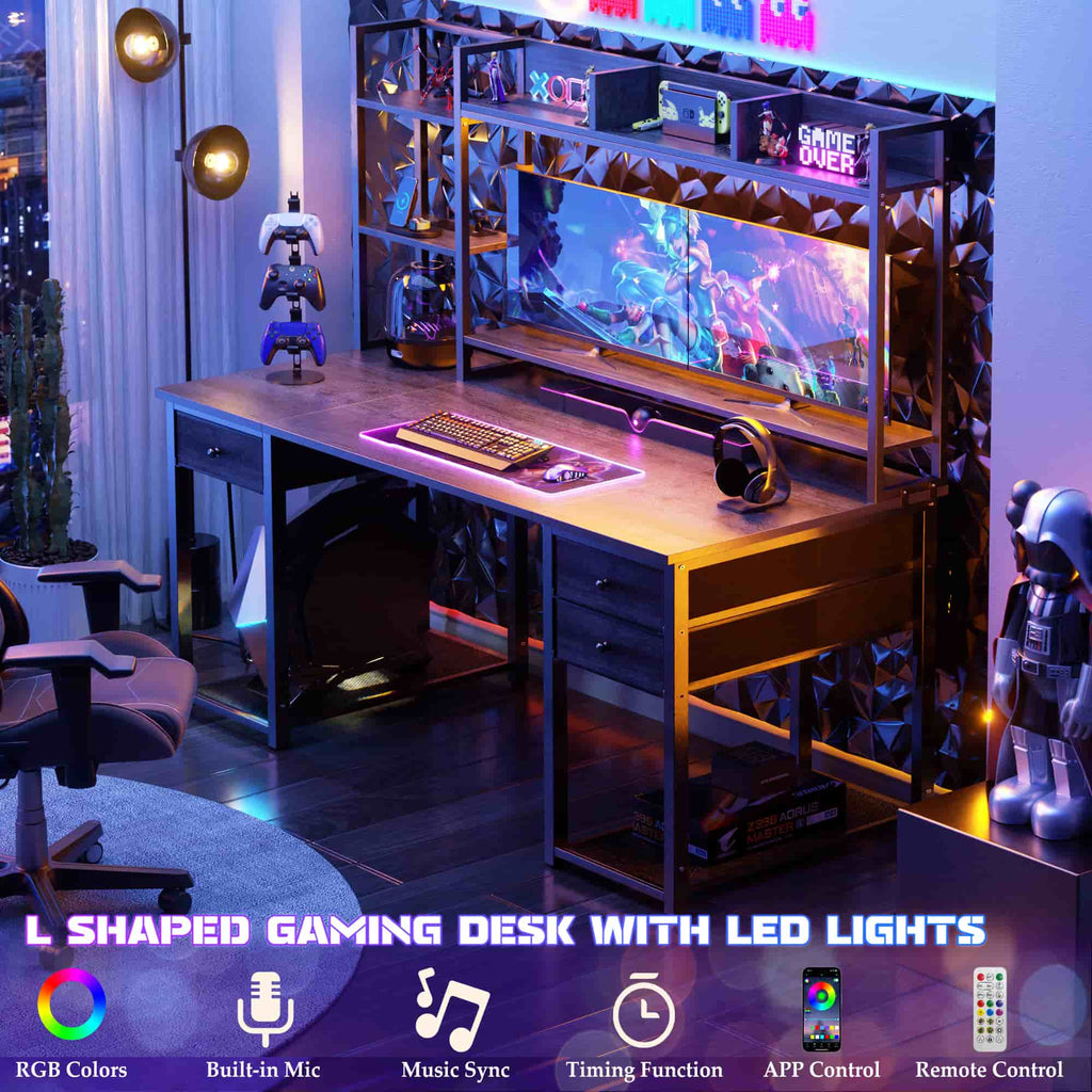 55'' Computer Gaming Desk with Hutch and Power Outlets