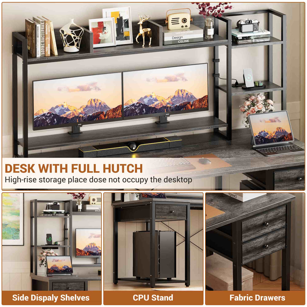 55'' Computer Gaming Desk with Hutch and Power Outlets
