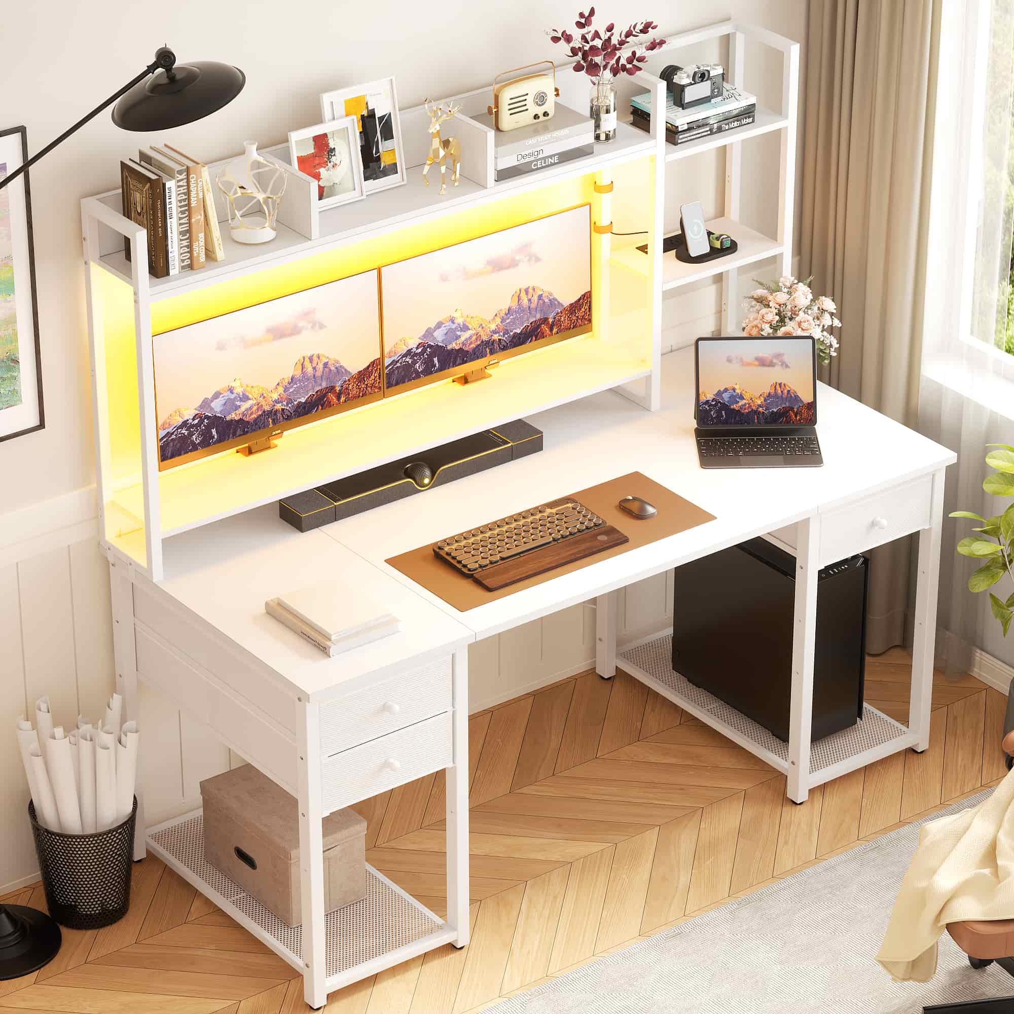 55'' Computer Gaming Desk with Hutch and Power Outlets