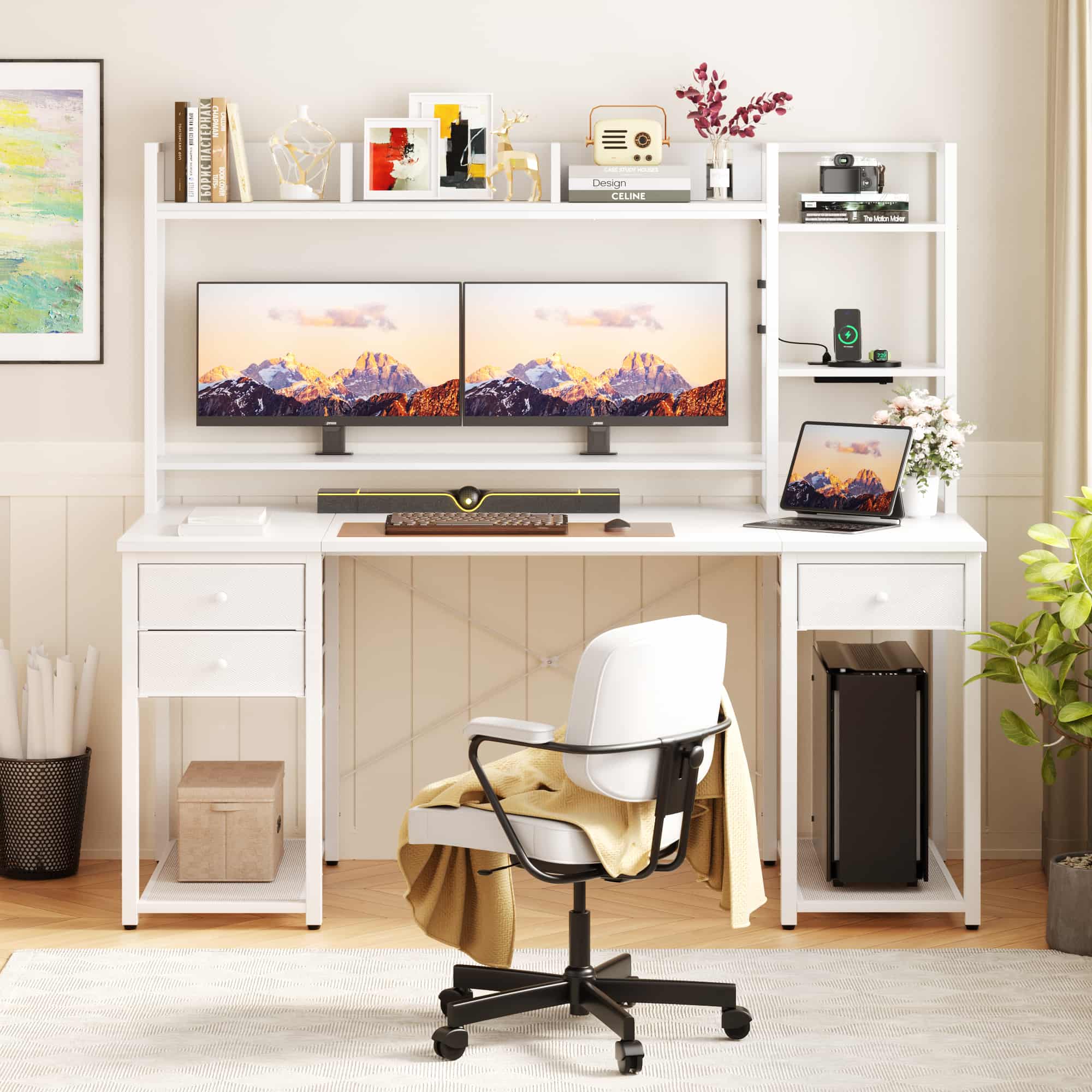 55'' Computer Gaming Desk with Hutch and Power Outlets