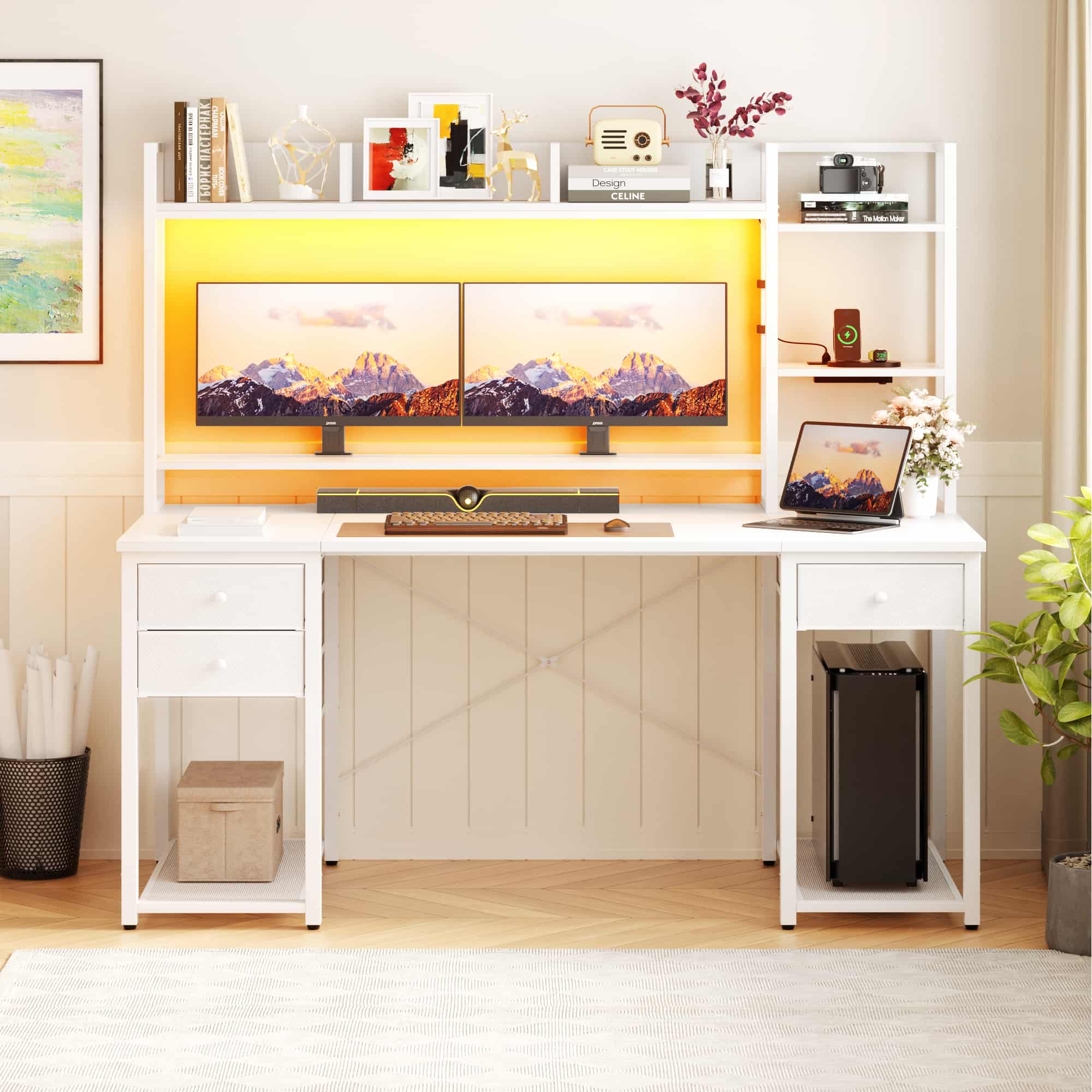 55'' Computer Gaming Desk with Hutch and Power Outlets