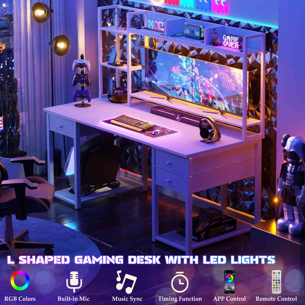 55'' Computer Gaming Desk with Hutch and Power Outlets