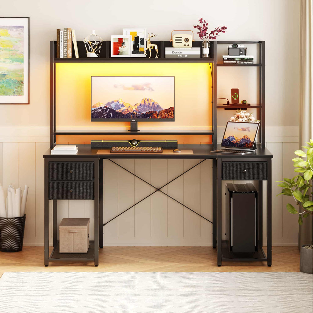 47'' Computer Desk with Hutch, Charging Station and LED Lights
