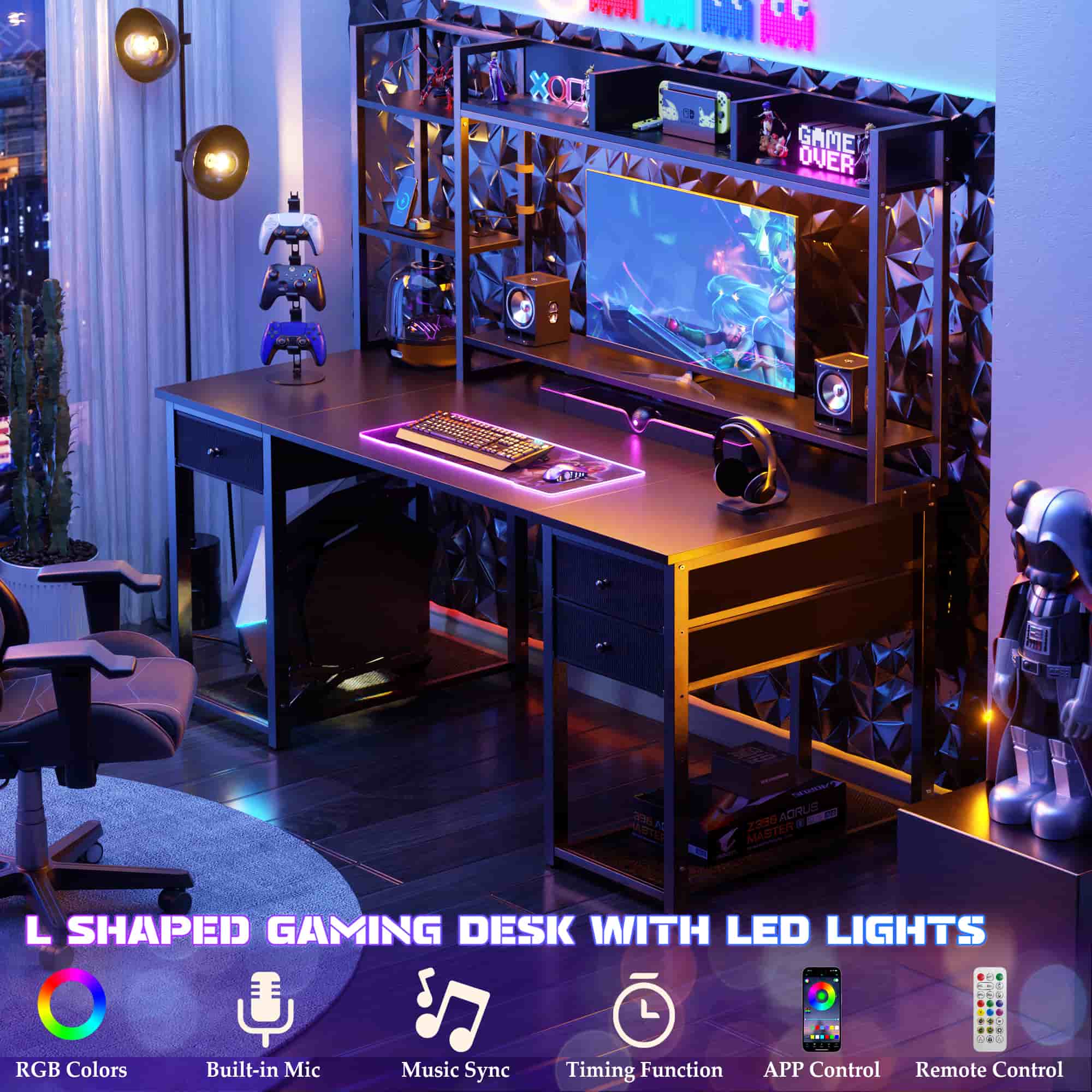 47'' Computer Desk with Hutch, Charging Station and LED Lights
