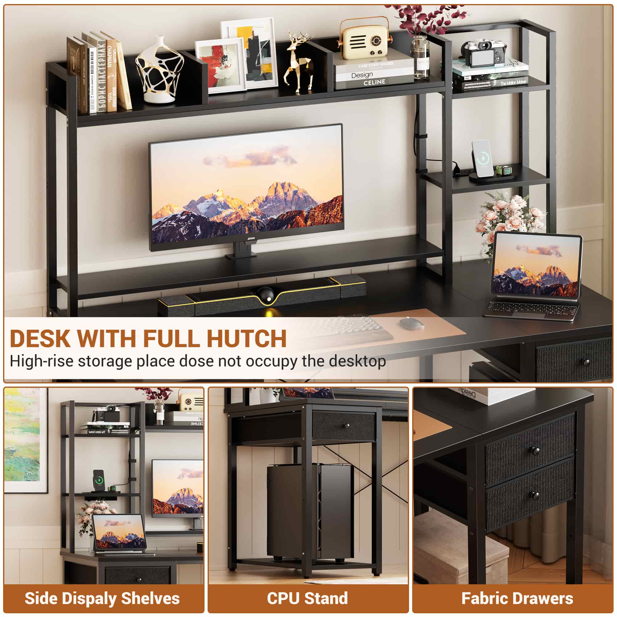 47'' Computer Desk with Hutch, Charging Station and LED Lights