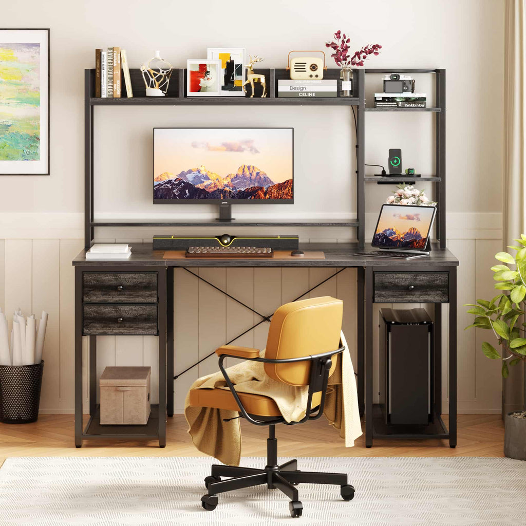 47'' Computer Desk with Hutch, Charging Station and LED Lights
