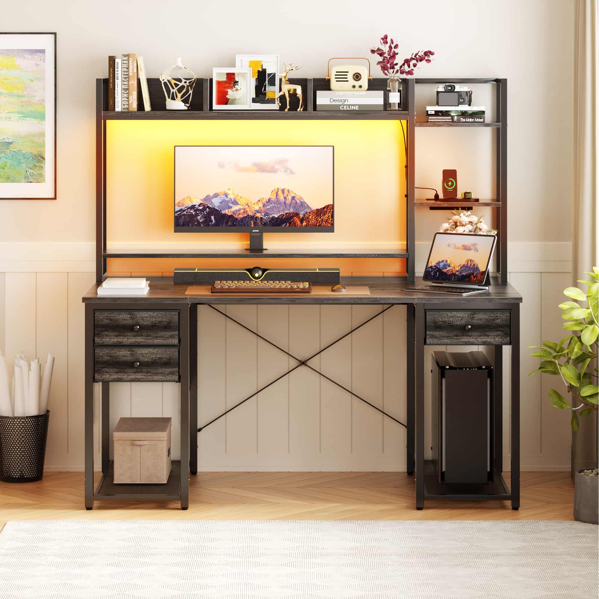 47'' Computer Desk with Hutch, Charging Station and LED Lights