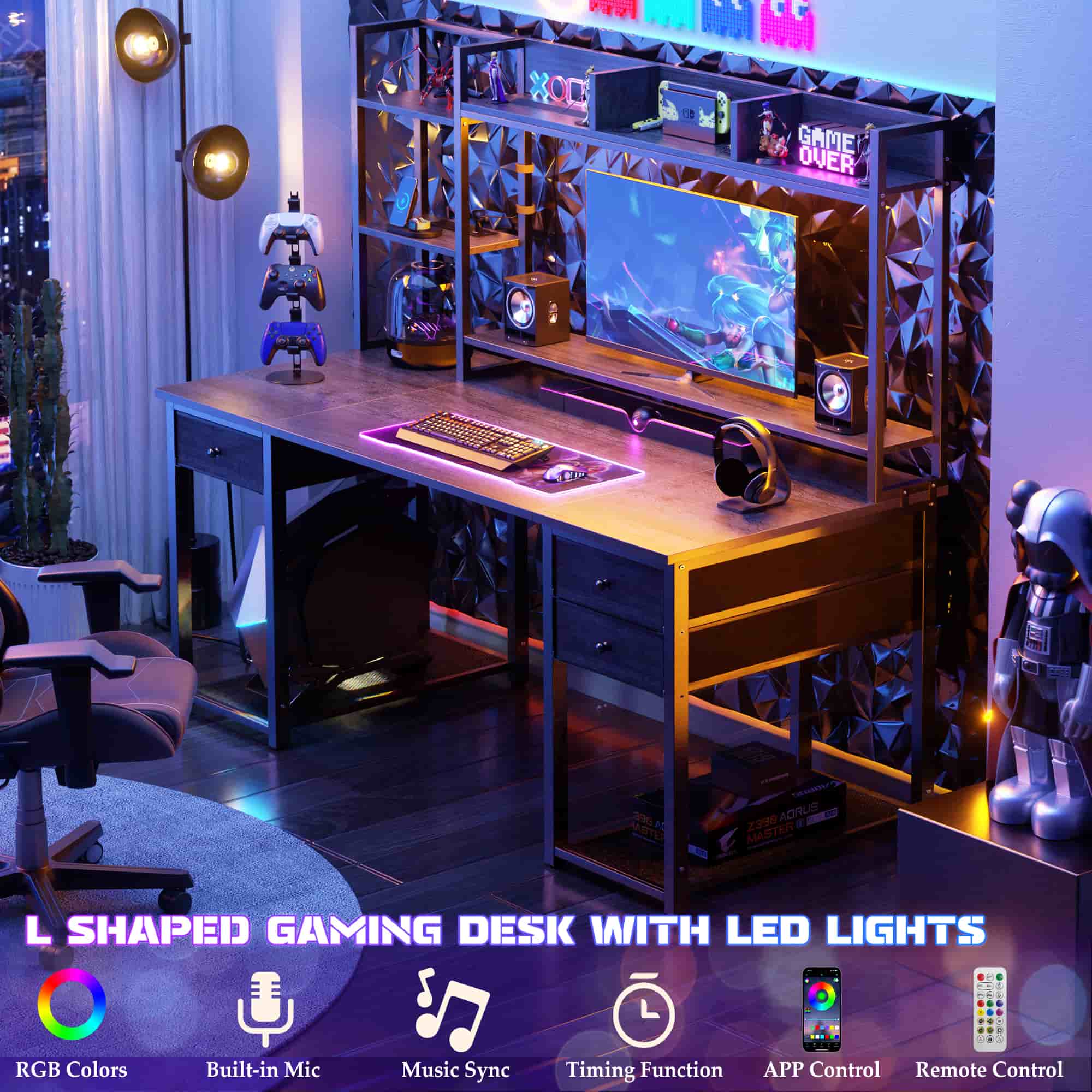 47'' Computer Desk with Hutch, Charging Station and LED Lights