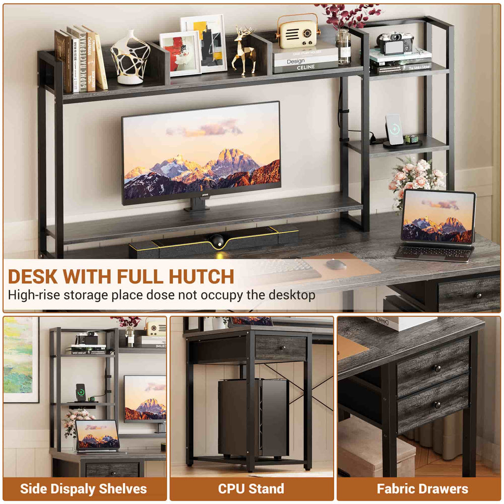 47'' Computer Desk with Hutch, Charging Station and LED Lights