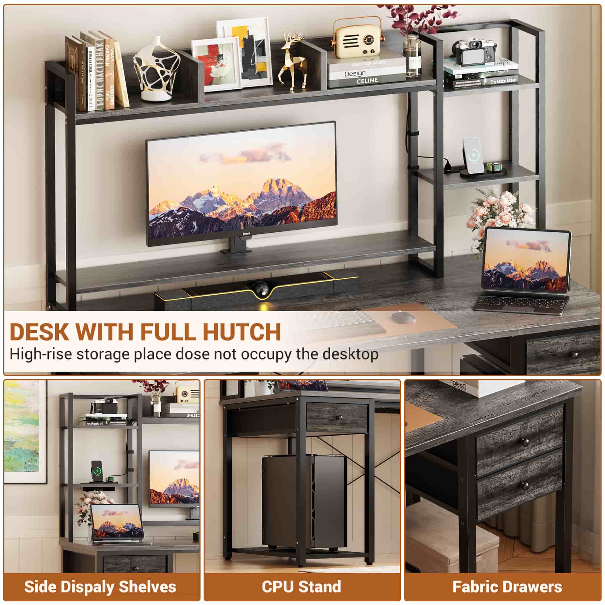47'' Computer Desk with Hutch, Charging Station and LED Lights