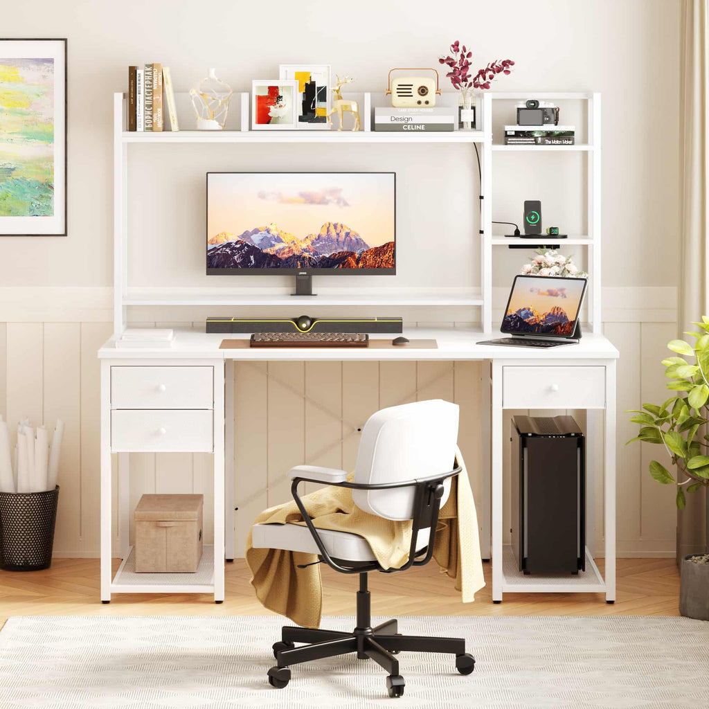 47'' Computer Desk with Hutch, Charging Station and LED Lights