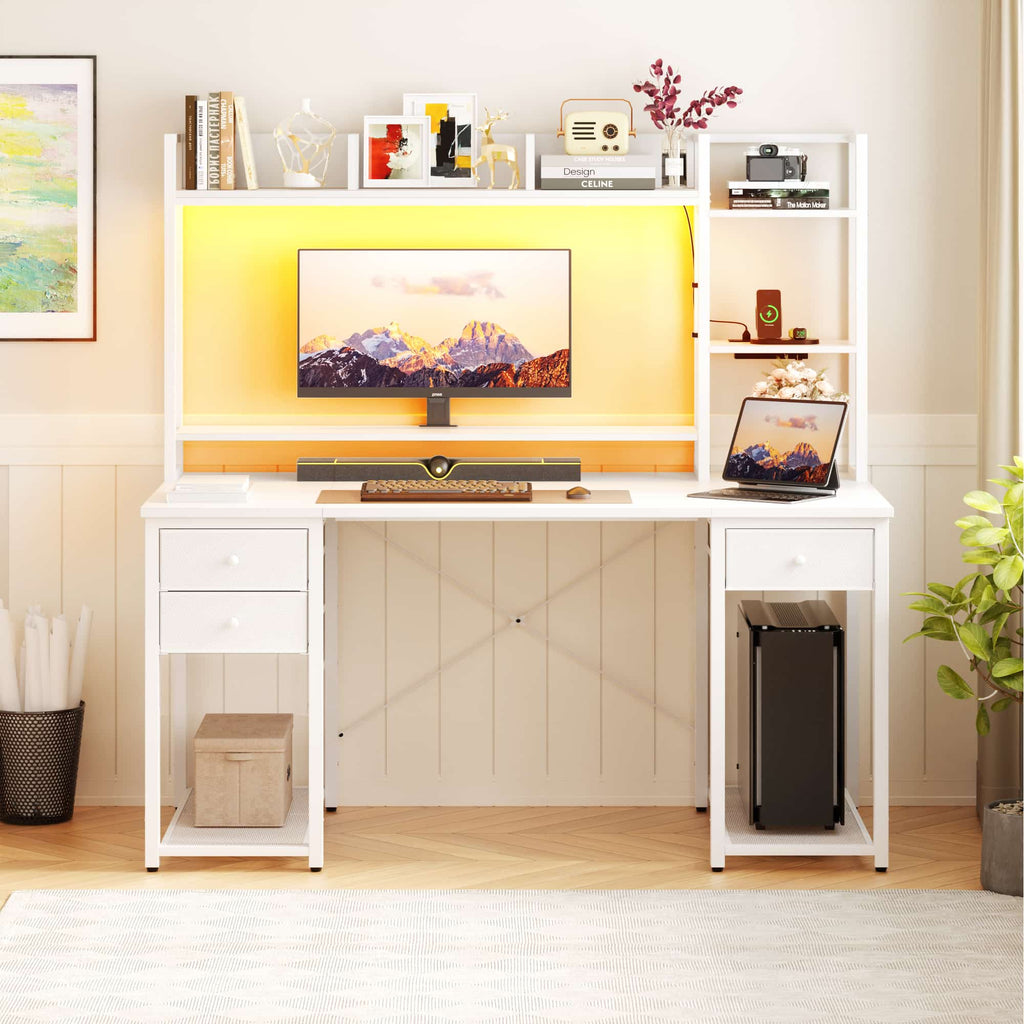 47'' Computer Desk with Hutch, Charging Station and LED Lights
