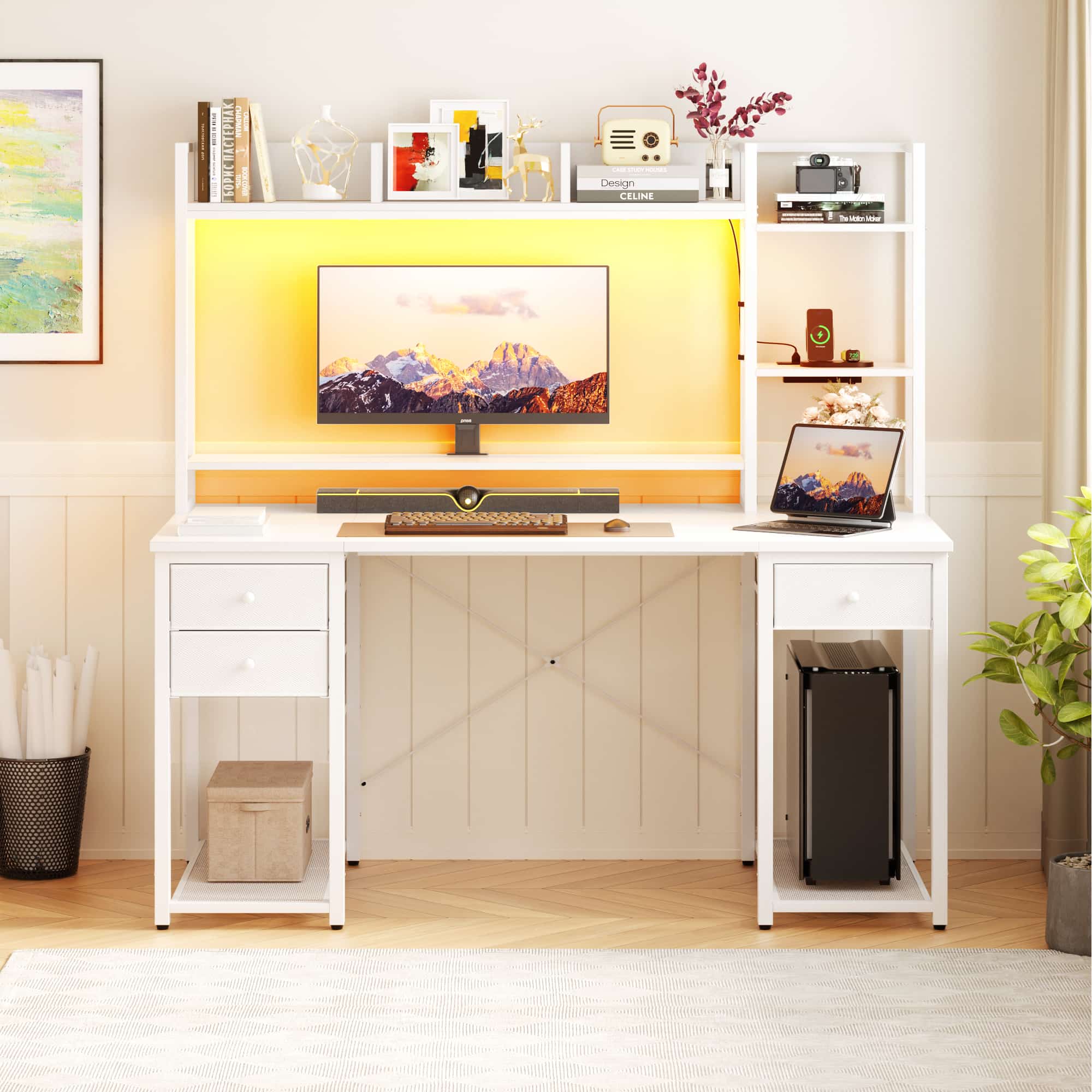 47'' Computer Desk with Hutch, Charging Station and LED Lights