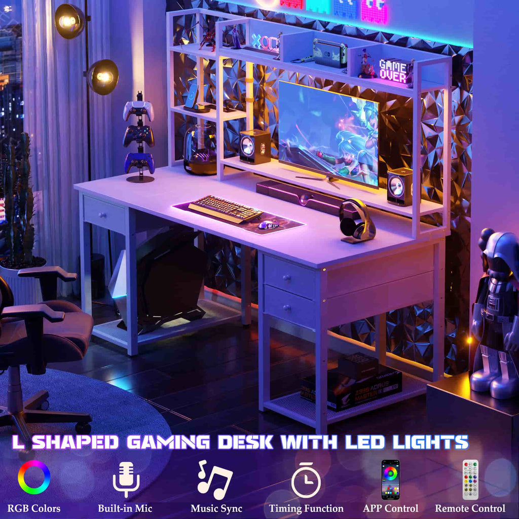 47'' Computer Desk with Hutch, Charging Station and LED Lights