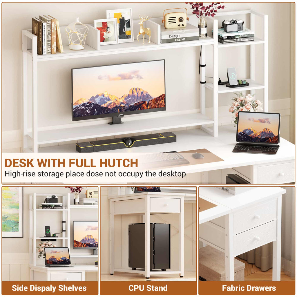 47'' Computer Desk with Hutch, Charging Station and LED Lights