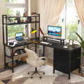 L Shaped Gaming Desk with Storage, Computer Gaming Desk with LED Lights & Hutch