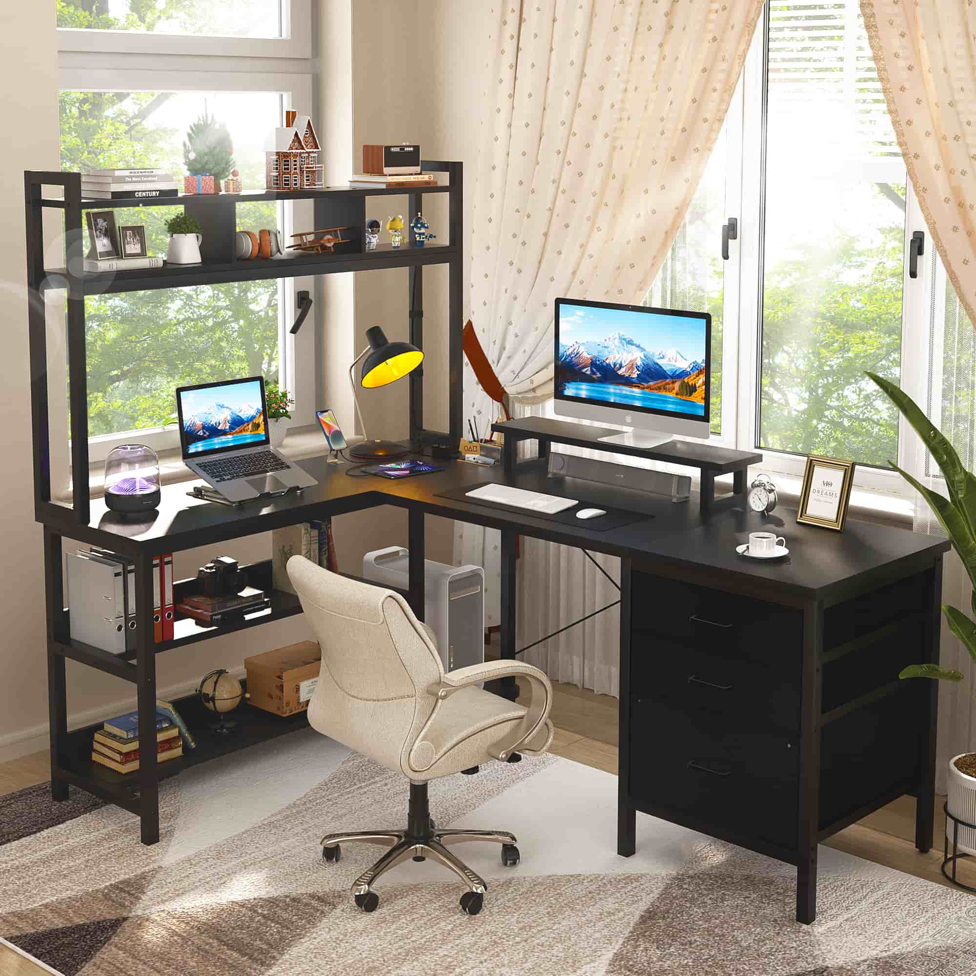 L Shaped Gaming Desk with Storage, Computer Gaming Desk with LED Lights & Hutch