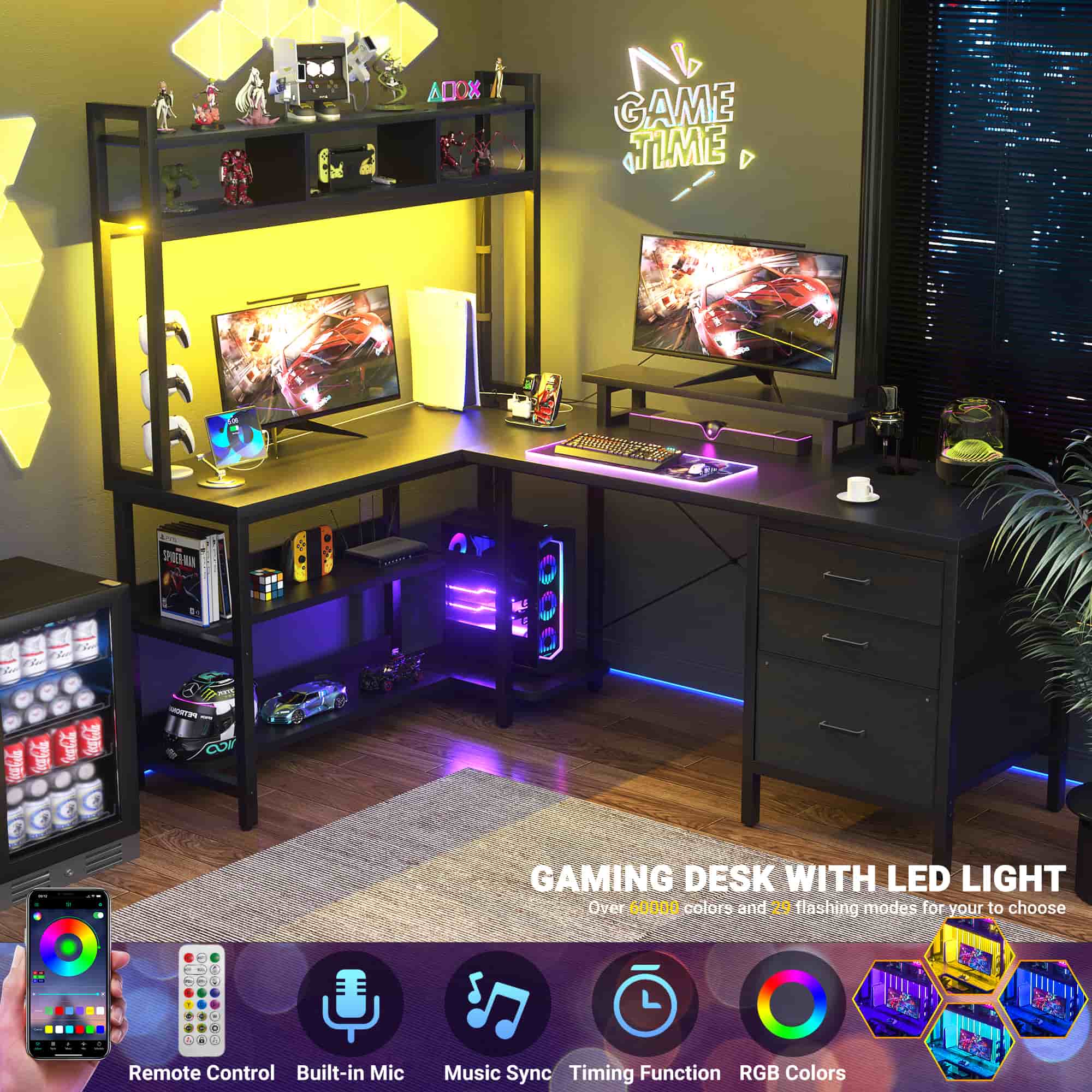 L Shaped Gaming Desk with Storage, Computer Gaming Desk with LED Lights & Hutch