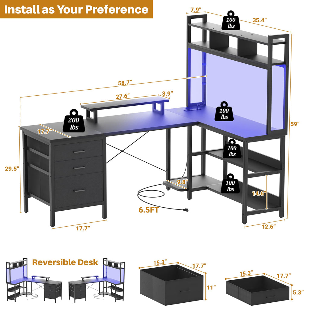 L Shaped Gaming Desk with Storage, Computer Gaming Desk with LED Lights & Hutch