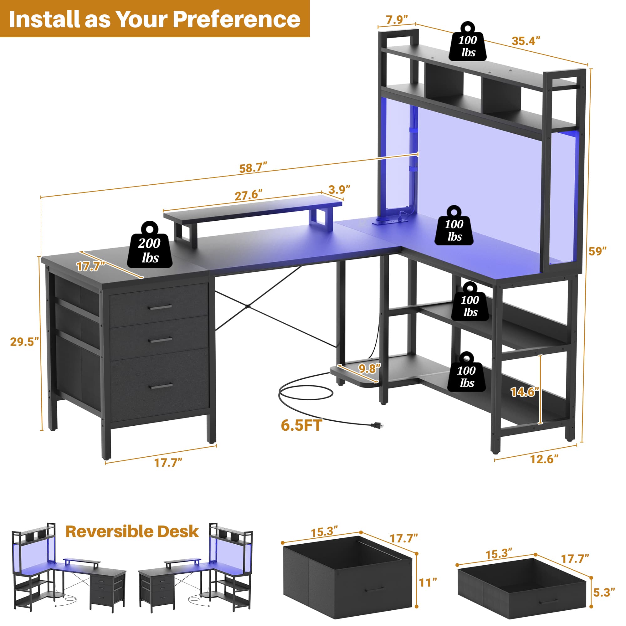 L Shaped Gaming Desk with Storage, Computer Gaming Desk with LED Lights & Hutch