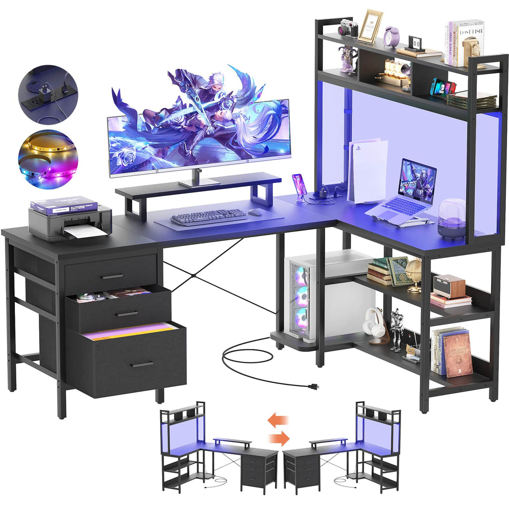 L Shaped Gaming Desk with Storage, Computer Gaming Desk with LED Lights & Hutch