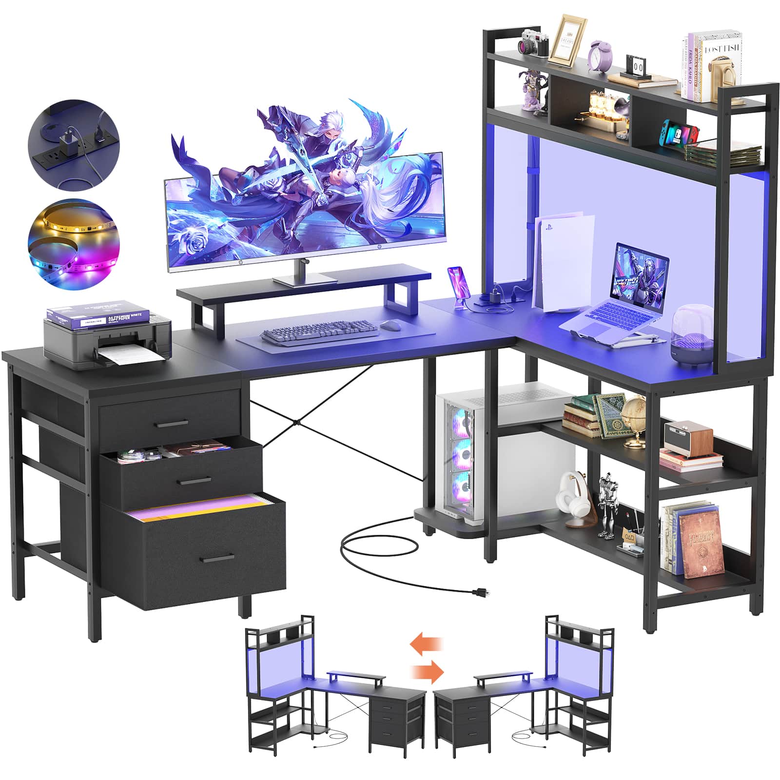 L Shaped Gaming Desk with Storage, Computer Gaming Desk with LED Lights & Hutch