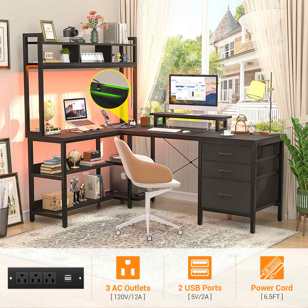 L Shaped Gaming Desk with Storage, Computer Gaming Desk with LED Lights & Hutch