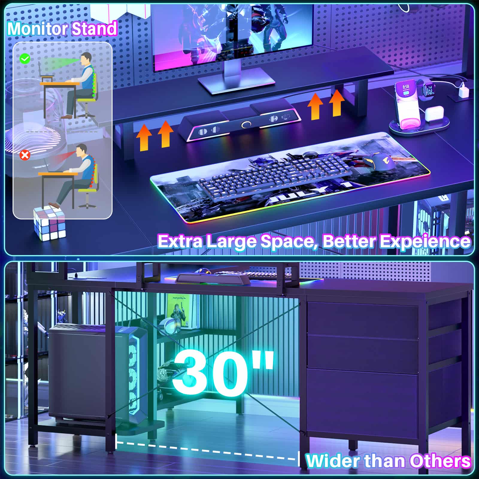 L Shaped Gaming Desk with Storage, Computer Gaming Desk with LED Lights & Hutch